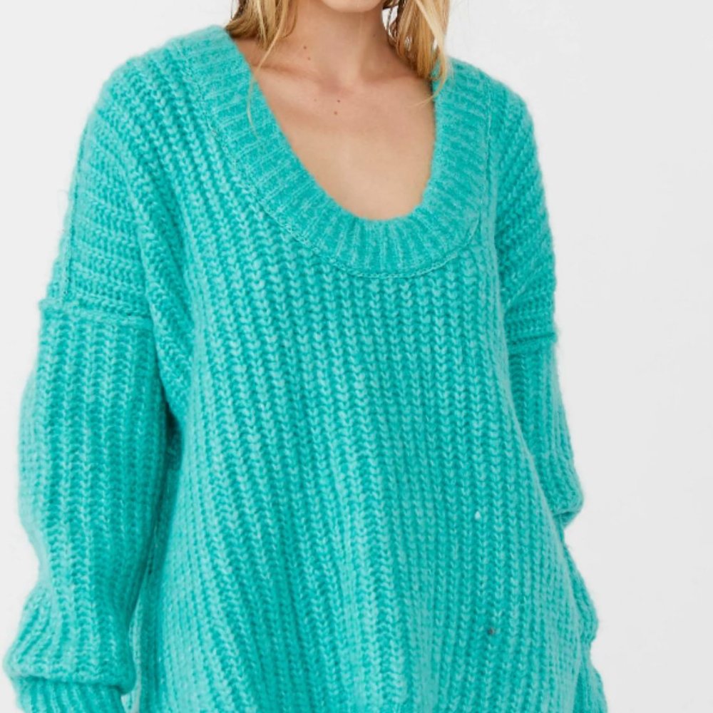 Free People Blue Bell V-Neck Sweater - Electric Teal NWT
